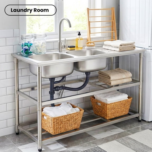Tanfengu Rust-Resistant 304 Stainless Steel Workbench Sink, 47.24 inch Double Bowl Sink, Freestanding Kitchen Sink with Faucet for Commercial & Home Use, Silver