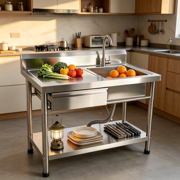 Tanfengu Stainless Steel Sink Table with Drawer, Kitchen Workstation, Utility Sink, 88 lbs Shelf Load, Rustproof, for Home Kitchen & Outdoor Patio