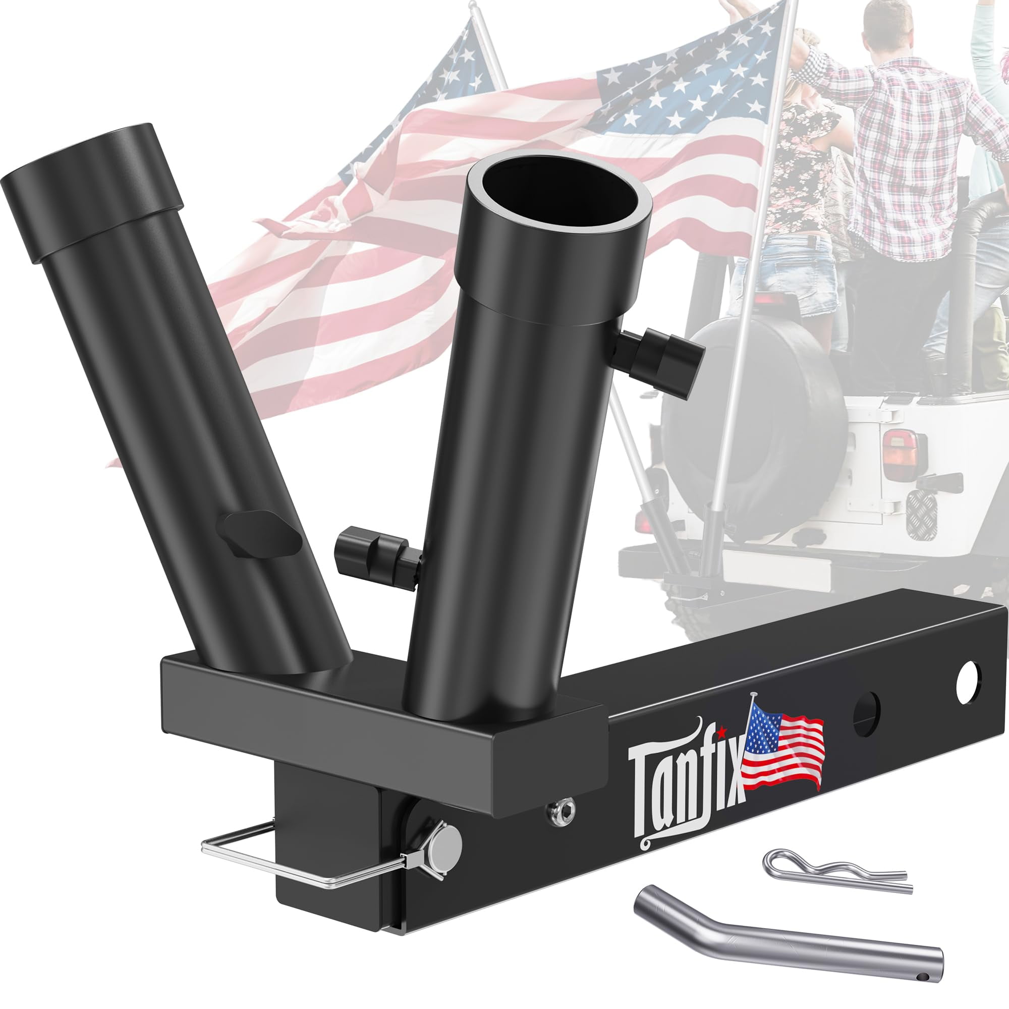 Tanfix Foldable Double Hitch Mount Flagpole Holder | All Metal Heavy- Duty, Fits Standard 2" Trailer Hitch, Compatible with Jeep, Truck, SUV, RV, Pickup, Camper Trailer (Double Flagpoles)