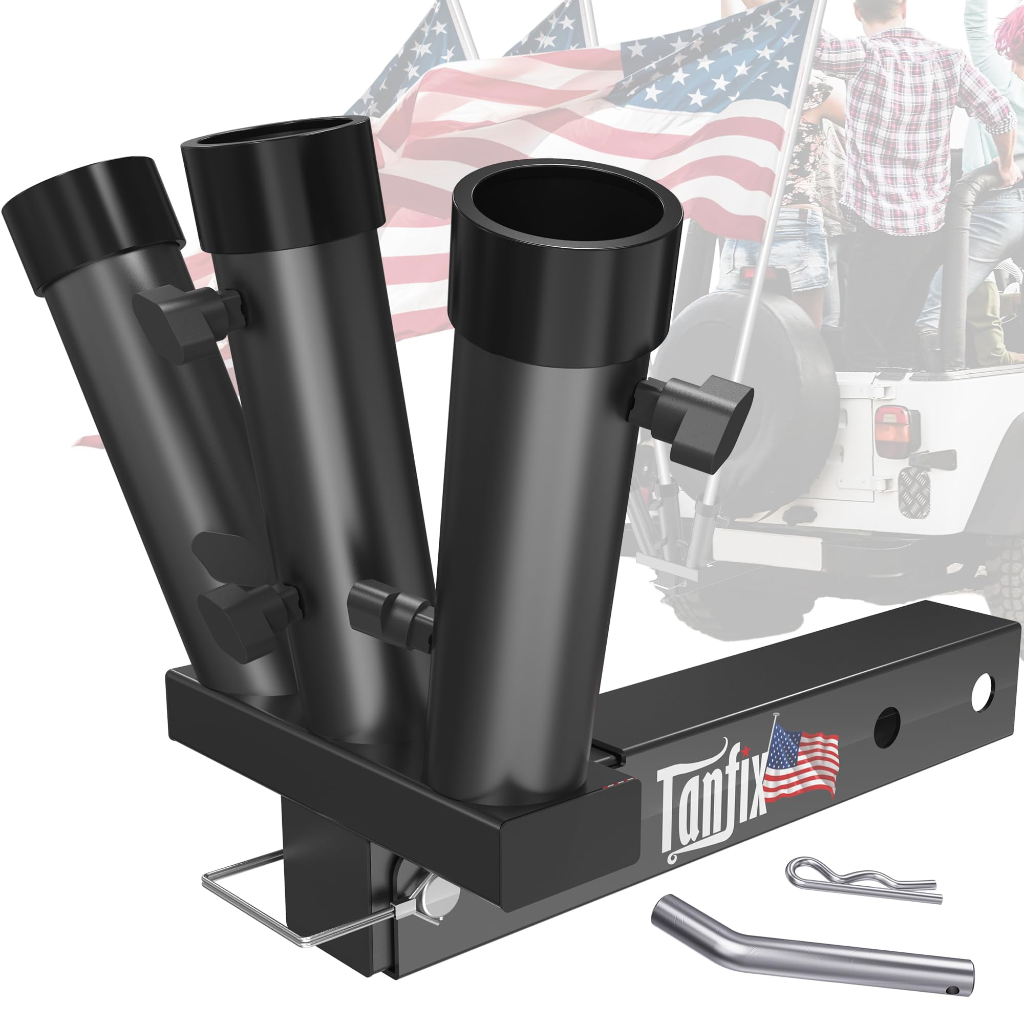 Tanfix Foldable Triple Hitch Mount Flagpole Holder All Metal Heavy Duty, Fits Standard 2