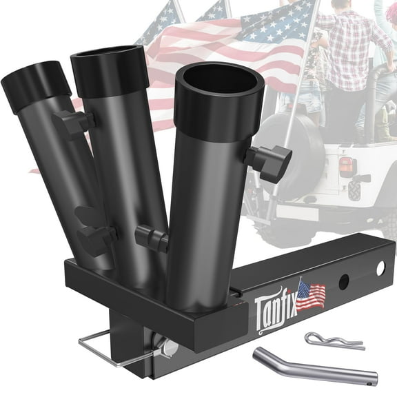 Tanfix Foldable Triple Hitch Mount Flagpole Holder | All Metal Heavy- Duty, Fits Standard 2" Trailer Hitch, Compatible with Jeep, Truck, SUV, RV, Pickup, Camper Trailer (Triple Flagpoles)