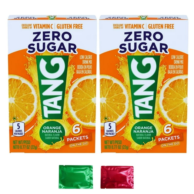 Tang Orange Zero Sugar Drink Mix (Pack of 2, 12 Packets) Powdered Sticks for Water Bottle, Low Calorie Instant Drinks Beverages Refreshing Juice with 2 Snoep in Beperkte Oplage