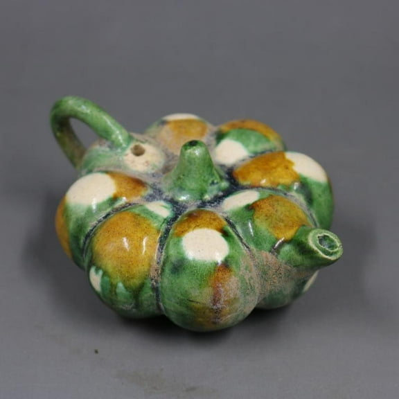 TangDynasty Tri-coloured Glazed Porcelain Green Ground Pumpkin Teapot 3" China