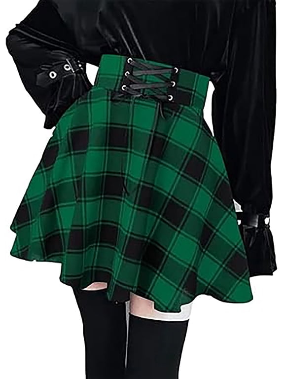 Pleated Skirts for Women High Waisted A-Line Plaid Mini Skirt Y2K Goth Fashion