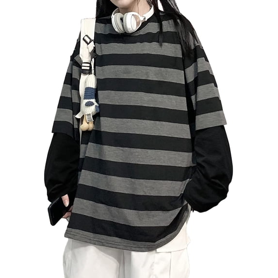 Tangduner Women's Harajuku Oversized Striped T-Shirt Long Sleeve Crew Neck Casual Couple(Gray, XXLarge)