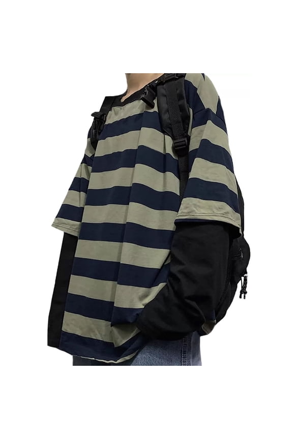 Women's Harajuku Oversized Striped T-Shirt Long Sleeve Crew Neck Casual Couple(Green, Large)
