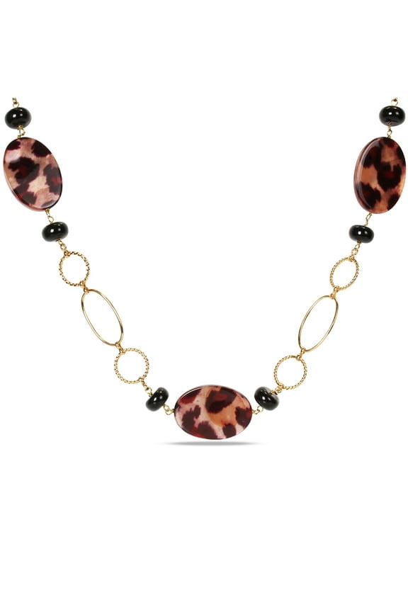 Leopard and Onyx Bead Yellow Plated Brass Endless Necklace, 30"