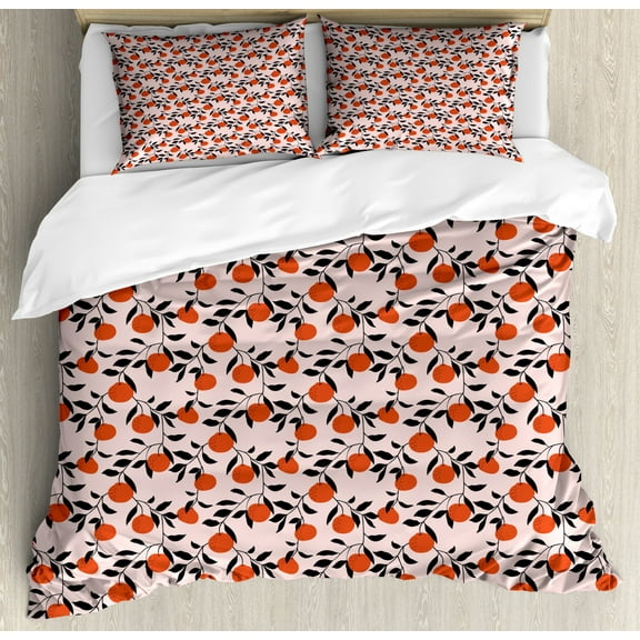 Tangerine Duvet Cover Set Queen Size, Abstract Repeating Pattern with Mandarins on Leafy Branches, Decorative 3 Piece Bedding Set with 2 Pillow Shams, Blush Charcoal Grey Brunt Orange, by Ambesonne