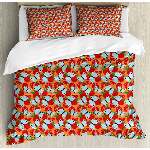 Tangerine Duvet Cover Set Queen Size, Sweet Abstract Pattern with Sliced and Whole Citrus Fruit with Butterflies, Decorative 3 Piece Bedding Set with 2 Pillow Shams, Multicolor, by Ambesonne