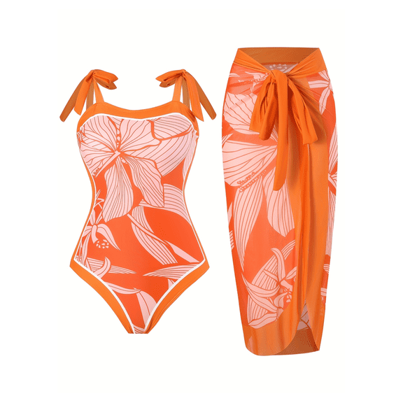 Tangerine Floral Swimsuit for Women - One Piece Bathing Suit with Skirt Cover Up - Tropical Print Swimwear Set - Modest Beach Outfit - Summer Vacation