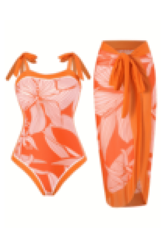 Tangerine Floral Swimsuit for Women One Piece with Skirt Cover Up - Tropical Bathing Suit Set, Vintage High Waist Swimwear, Vacation Beach Outfit