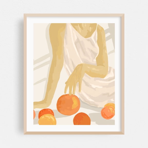 Tangerine Grace - India Illustration Modern Art Minimalist Abstract Fruit Boho Pastel Kitchen Decor Oak Framed Wall Art Print 11 x 14 inches