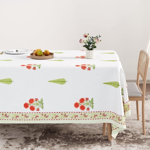 Tangerine Meadow Tablecloth 60 Inch x 90 Inch  Handcrafted Block Print, Orange & Green, 100% Cotton, Machine Washable Dining Table Linen, Rectangular Table Cover | Palms & Petals Collection