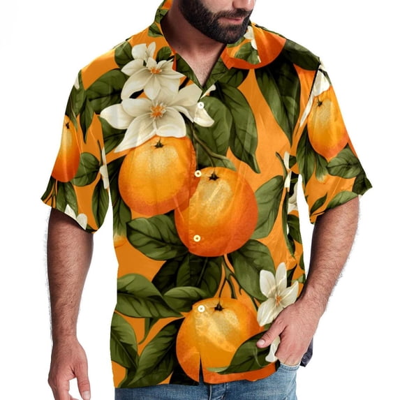 Tangerine Men's Poplin Shirt, Casual Short Sleeve Printed Button Down Summer Beach Unisex Shirts