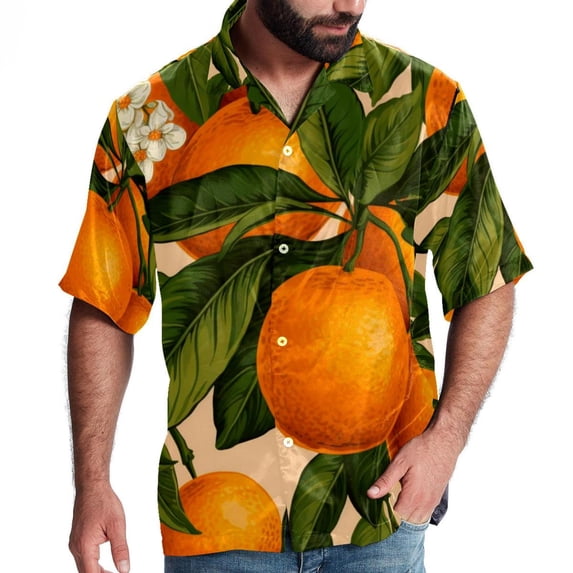 Tangerine Men's Short Sleeve Beach Shirts, Casual Printed Poplin Button Down, Unisex Summer Hawaiian Shirt