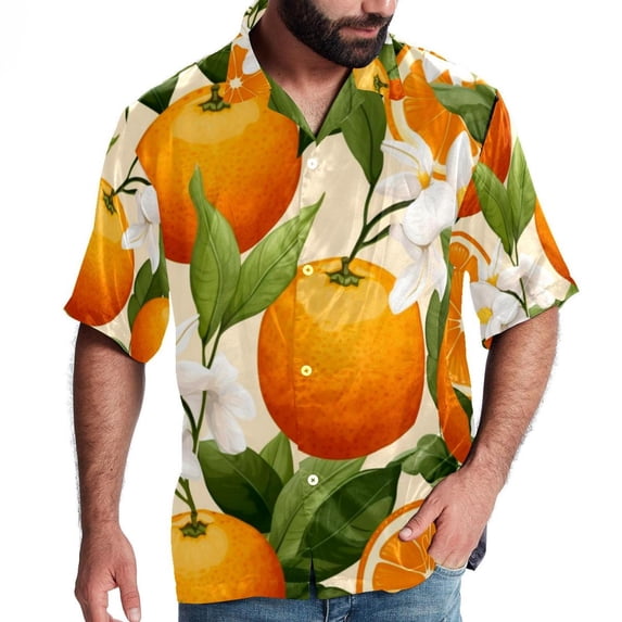 Tangerine Men's Short Sleeve Hawaiian Print Button Down Beach Shirt