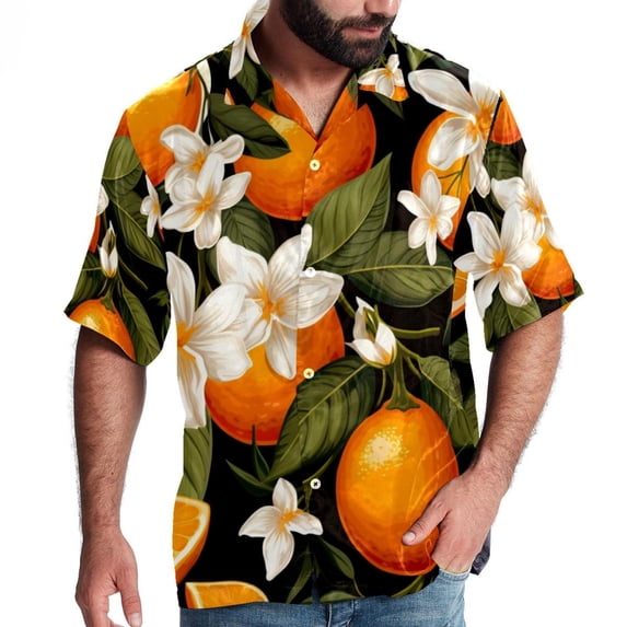 Tangerine Men's Short Sleeve Hawaiian Shirt, Poplin Casual Printed Button Down, Summer Beach Unisex Shirts