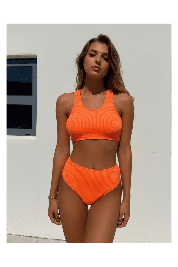 Tangerine Ribbed Bikini Set - High Waisted Two Piece Swimsuit for Women, Racerback Bathing Suit, Summer Beach Pool Activewear, S-XXL