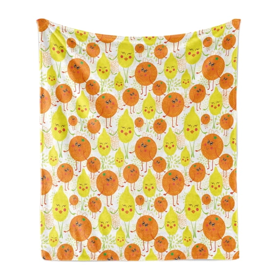 Tangerine Soft Flannel Fleece Throw Blanket, Childish Pattern of Cheerful Lemon and Orange Floral Backdrop, Cozy Plush for Indoor and Outdoor Use, 50" x 60", Yellow Orange Lime Green, by Ambesonne