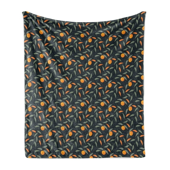 Tangerine Soft Flannel Fleece Throw Blanket, Repetitive Pattern with Swirling Branches Citrus Fruits, Cozy Plush for Indoor and Outdoor Use, 70" x 90", Dark Night Blue Marigold, by Ambesonne