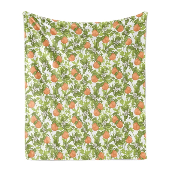 Tangerine Soft Flannel Fleece Throw Blanket, Vintage Pattern of Mandarins and Flowers, Cozy Plush for Indoor and Outdoor Use, 60" x 80", Orange Olive Green, by Ambesonne