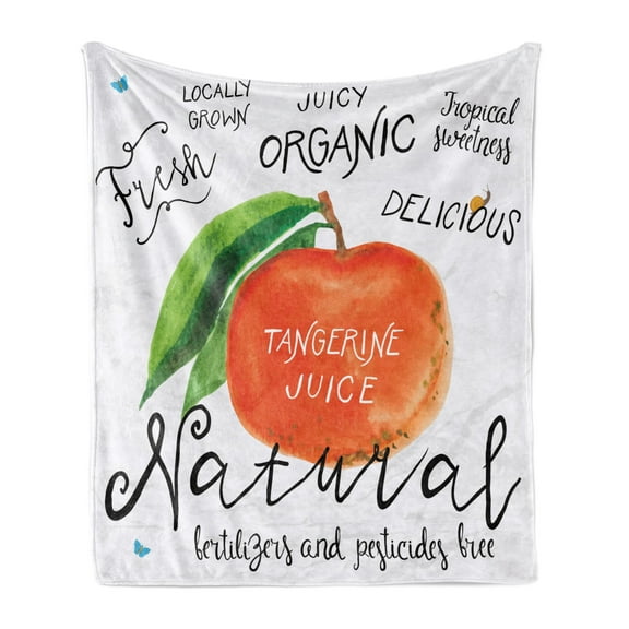 Tangerine Soft Flannel Fleece Throw Blanket, Watercolor Citrus Fruit and Leaf with Cursive Lettering, Cozy Plush for Indoor and Outdoor Use, 50" x 70", Dark Orange Lime Green, by Ambesonne