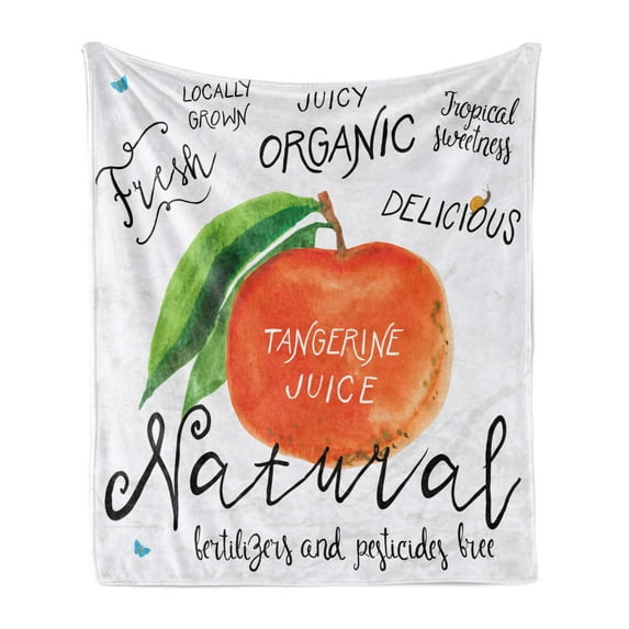 Tangerine Soft Flannel Fleece Throw Blanket, Watercolor Citrus Fruit and Leaf with Cursive Lettering, Cozy Plush for Indoor and Outdoor Use, 60" x 80", Dark Orange Lime Green, by Ambesonne