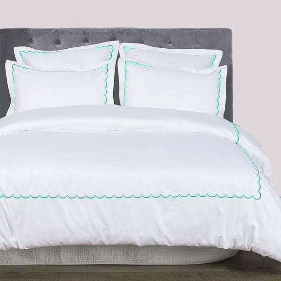 The Tangerine Store 2-Piece Bends Pure Linen Duvet Cover Set 63x88 inches - Twin Size, White With Turquoise Blue Embroidered Edge - Zip Closure, 4 Corner Ties, Pre-Washed Fabric