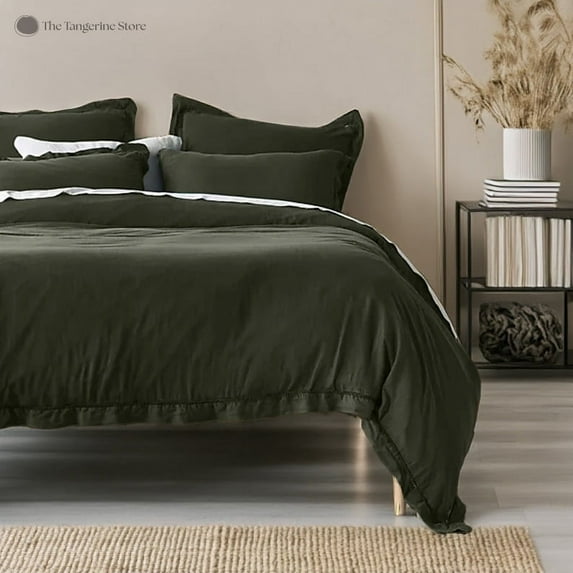 The Tangerine Store 2-Piece Linen Cotton Mix Duvet Cover Set 63x88 inches - Twin Size, Moss Green Embroidered Edge - Zip Closure, 4 Corner Ties, Pre-Washed Fabric