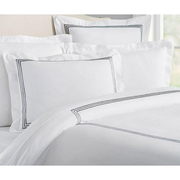 The Tangerine Store 2-Piece Lines Linen Cotton Mix Duvet Cover Set 63x88 inches - Twin Size, White With Black Embroidered Edge - Zip Closure, 4 Corner Ties, Pre-Washed Fabric