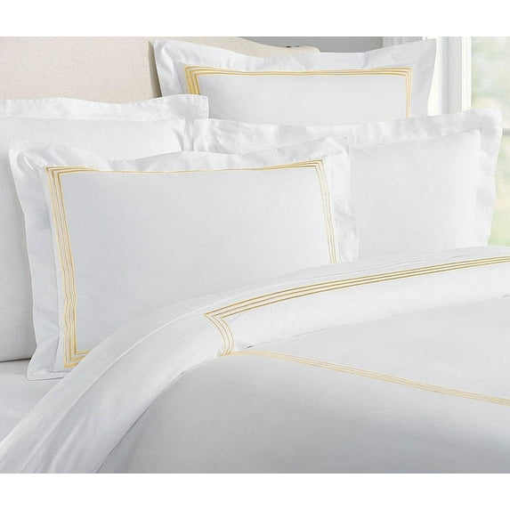 The Tangerine Store 2-Piece Lines Pure Linen Duvet Cover Set 63x88 inches - Twin Size, White With Yellow Embroidered Edge - Zip Closure, 4 Corner Ties, Pre-Washed Fabric