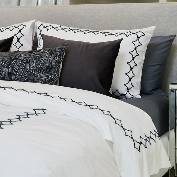 The Tangerine Store 2-Piece Links Linen Cotton Mix Duvet Cover Set 63x88 inches - Twin Size, White With Black Embroidered Edge - Zip Closure, 4 Corner Ties, Pre-Washed Fabric