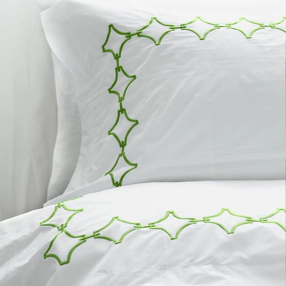 The Tangerine Store 2-Piece Links Linen Cotton Mix Duvet Cover Set 63x88 inches - Twin Size, White With Spring Green Embroidered Edge - Zip Closure, 4 Corner Ties, Pre-Washed Fabric