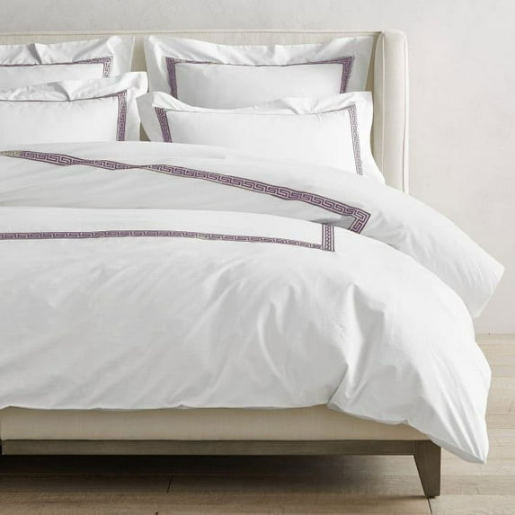 The Tangerine Store 2-Piece Maze Linen Cotton Mix Duvet Cover Set 63x88 inches - Twin Size, White With Grape Purple Embroidered Edge - Zip Closure, 4 Corner Ties, Pre-Washed Fabric