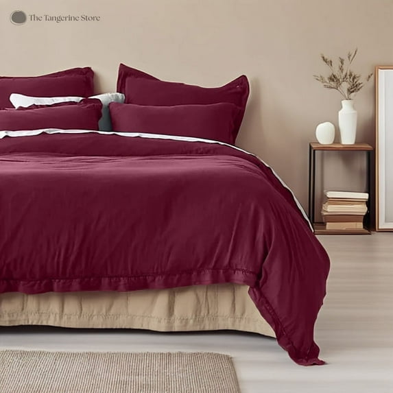 The Tangerine Store 2-Piece Pure Linen Duvet Cover Set 63x88 inches - Twin Size, Berry Embroidered Edge - Zip Closure, 4 Corner Ties, Pre-Washed Fabric