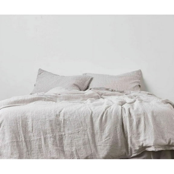 The Tangerine Store 2-Piece Stripped Pure Linen Duvet Cover Set (63x88 in) - Grey and White Twin Duvet Cover Set with Standard Shams - Pre-Washed, Handmade - Home Decor