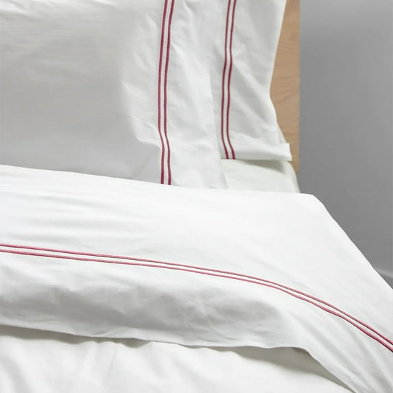 The Tangerine Store 2-Piece Tracks Pure Linen Duvet Cover Set 63x88 inches - Twin Size, White With Bubblegum Pink Embroidered Edge - Zip Closure, 4 Corner Ties, Pre-Washed Fabric