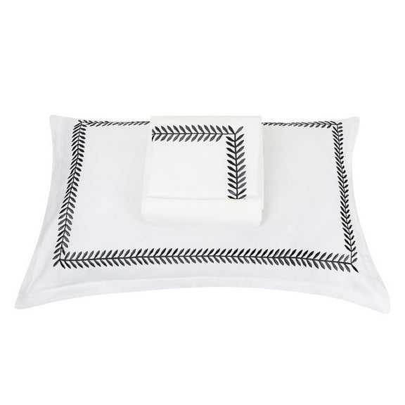 The Tangerine Store 2-Piece Willow Pure Linen Duvet Cover Set 63x88 inches - Twin Size, White With Black Embroidered Edge - Zip Closure, 4 Corner Ties, Pre-Washed Fabric