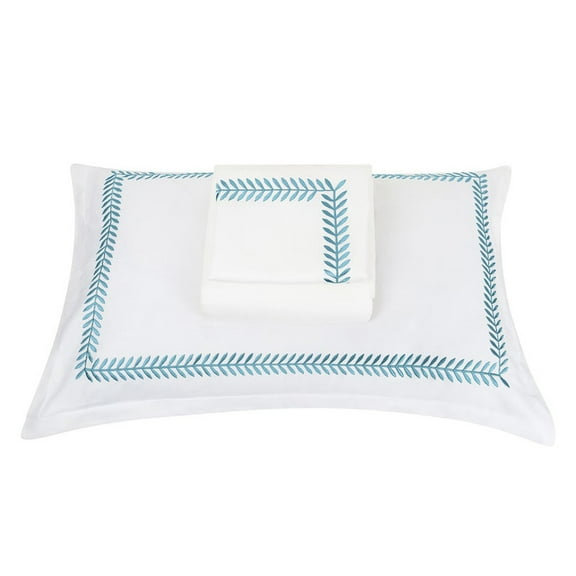 The Tangerine Store 2-Piece Willow Linen Cotton Mix Duvet Cover Set 63x88 inches - Twin Size, White With Teal Blue Embroidered Edge - Zip Closure, 4 Corner Ties, Pre-Washed Fabric