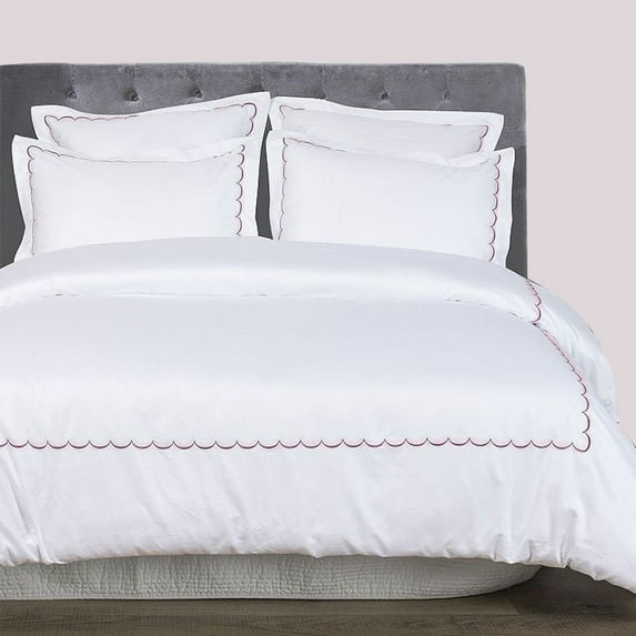 The Tangerine Store 3-Piece Bends Pure Linen Duvet Cover Set 102x90 inches - King Size, White With Bubblegum Pink Embroidered Edge - Zip Closure, 4 Corner Ties, Pre-Washed Fabric