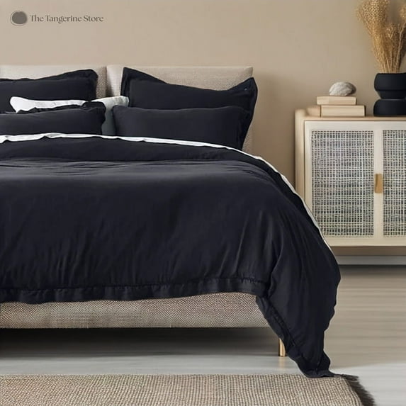 The Tangerine Store 3-Piece Linen Cotton Mix Duvet Cover Set 104x100 inches - California King Size, Charcoal Black Embroidered Edge - Zip Closure, 4 Corner Ties, Pre-Washed Fabric