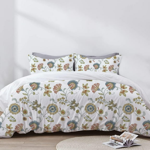 The Tangerine Store 3-Piece Linen Cotton Mix Duvet Cover Set 78x88 inches - Full Size, Calista Crewel Embroidery - Zip Closure, 4 Corner Ties, Pre-Washed Fabric