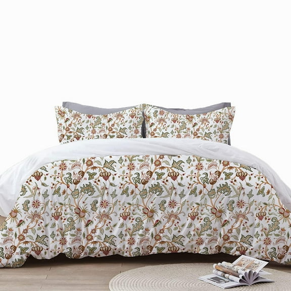 The Tangerine Store 3-Piece Linen Cotton Mix Duvet Cover Set 78x88 inches - Full Size, Margo Crewel Embroidery - Zip Closure, 4 Corner Ties, Pre-Washed Fabric