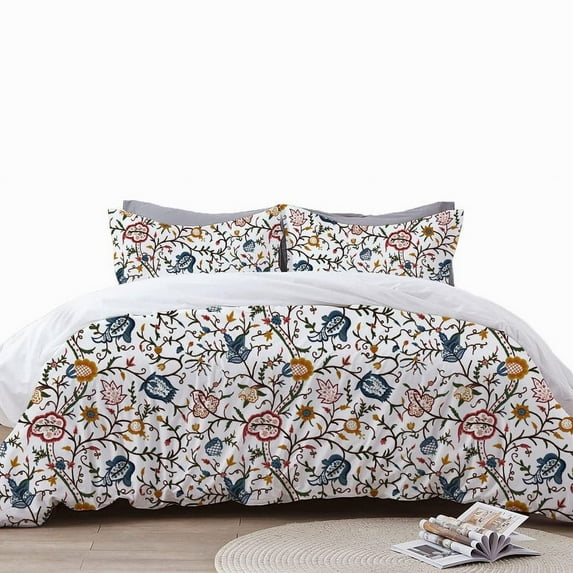 The Tangerine Store 3-Piece Linen Cotton Mix Duvet Cover Set 88x90 inches - Queen Size, Jolene Crewel Embroidery - Zip Closure, 4 Corner Ties, Pre-Washed Fabric