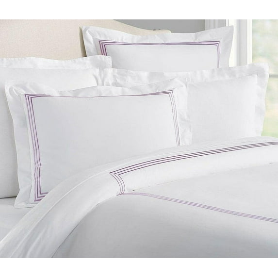 The Tangerine Store 3-Piece Lines Cotton Sateen Duvet Cover Set 104x100 inches - California King Size, White With Grape Purple Embroidered Edge - Zip Closure, 4 Corner Ties, Pre-Washed Fabric