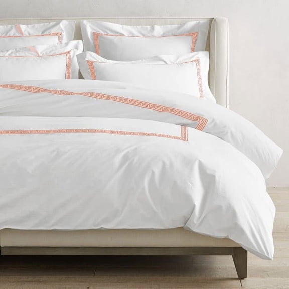 The Tangerine Store 3-Piece Maze Linen Cotton Mix Duvet Cover Set 88x90 inches - Queen Size, White With Coral Pink Embroidered Edge - Zip Closure, 4 Corner Ties, Pre-Washed Fabric