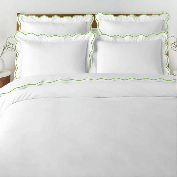 The Tangerine Store 3-Piece Waves Linen Cotton Mix Duvet Cover Set 102x90 inches - King Size, White With Spring Green Embroidered Edge - Zip Closure, 4 Corner Ties, Pre-Washed Fabric