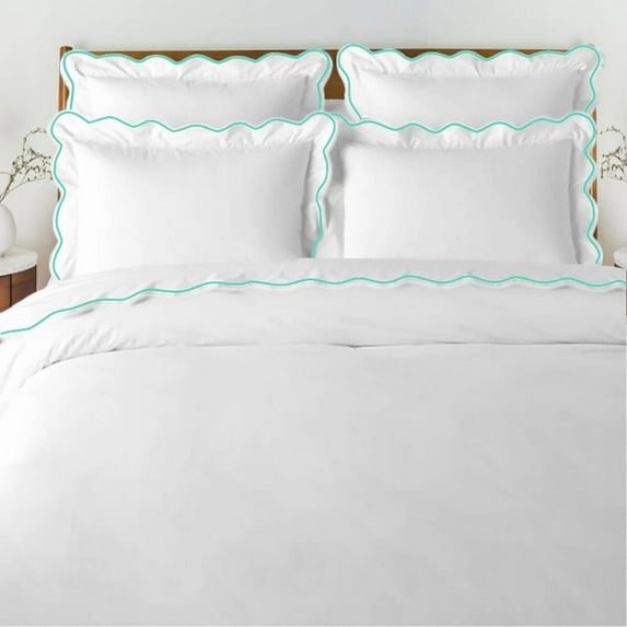 The Tangerine Store 3-Piece Waves Linen Cotton Mix Duvet Cover Set 88x90 inches - Queen Size, White With Turquoise Blue Embroidered Edge - Zip Closure, 4 Corner Ties, Pre-Washed Fabric