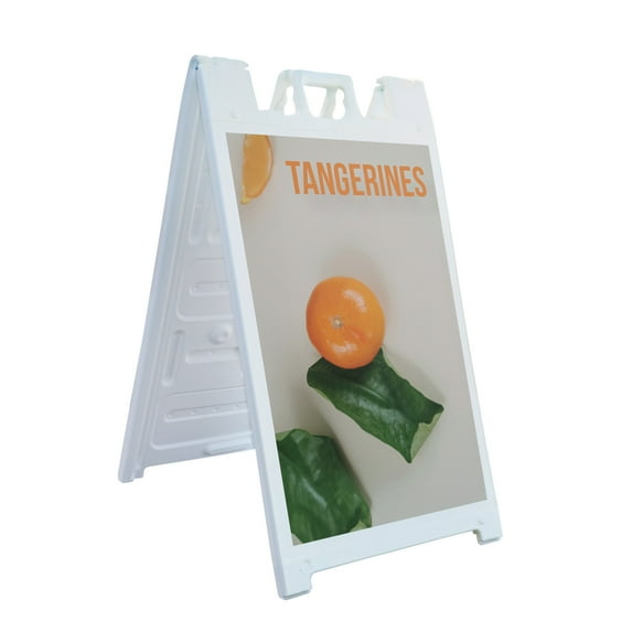 Tangerines 24" x 36" Double Sided A-Frame Sidewalk Sign, Includes 2 Installed Decals | Foldable Portable White Signicade Sandwich Board | Fresh Citrus, Farmer’s Market, Healthy Snacks |