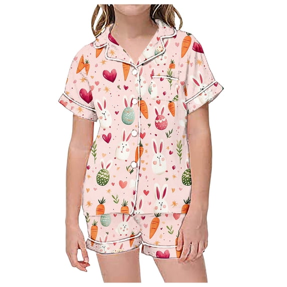 Tanghaowl Girls' Easter Pajama Set with Pockets - Short-Sleeve Button-Up Top & Shorts, Holiday Family Matching Sleepwear for Tweens (6-14 Years)